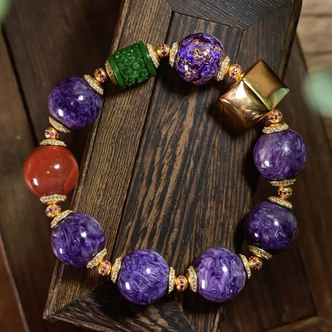 

Natural Charoite Bracelet, A-Grade Dry Green Carved Jade, Nanhong Agate Beads, 925 Silver Sugar Cube, Chinese Gemstone Jewelry