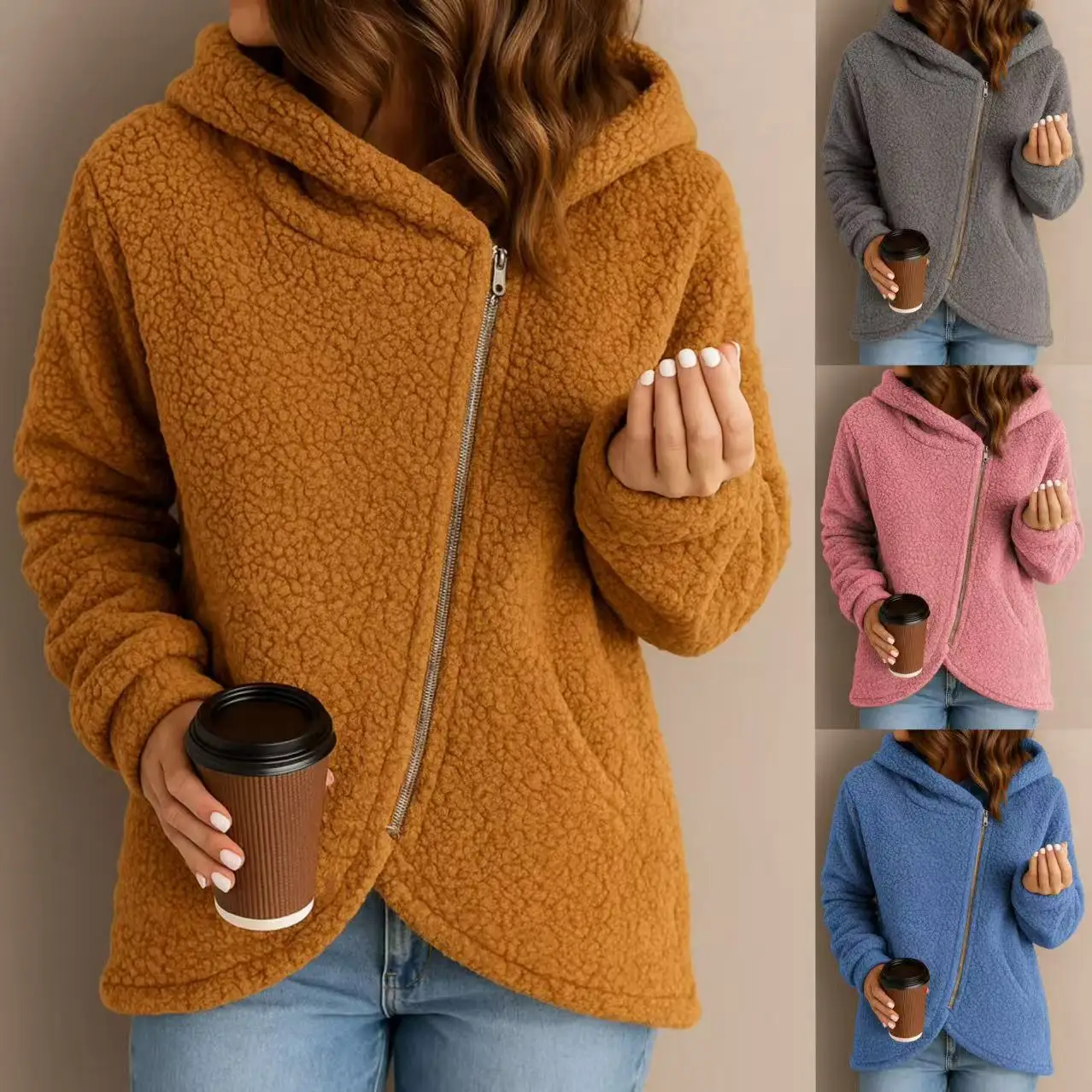 

2025 Autumn Winter New Fashion Lamb Fleece Women Casual Coat Simple Zipper Hooded Female Solid Color Hoodie Coats