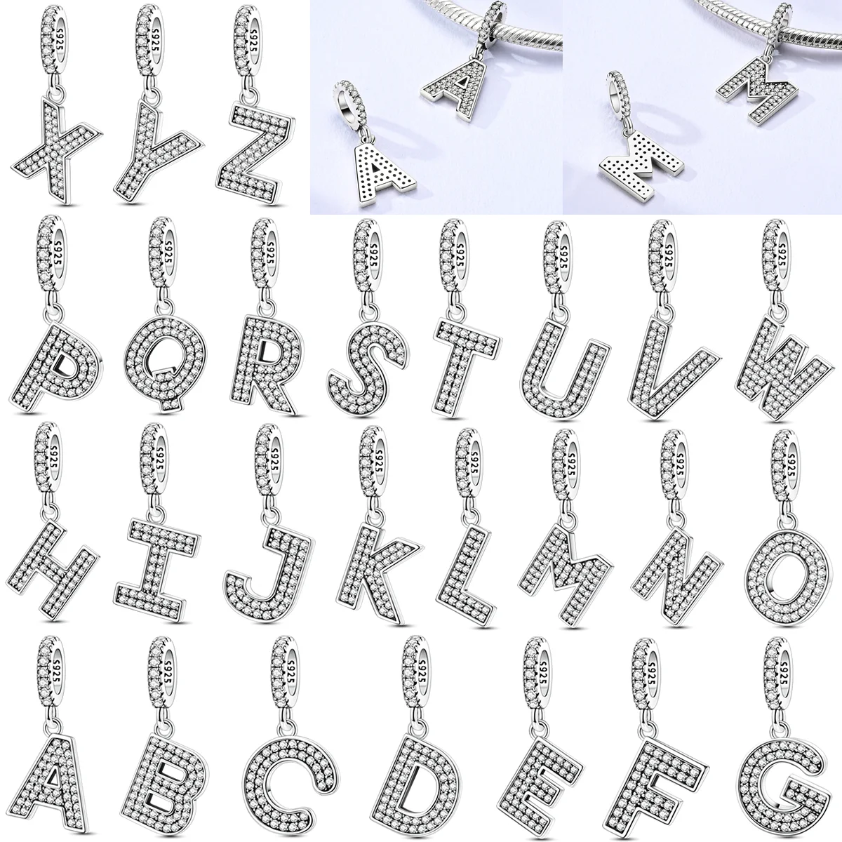 

925 Sterling Silver Letters Charms Bead CZ Zircon A-Z Alphabet Dangle Fit Original Bracelet Women Jewelry Gift