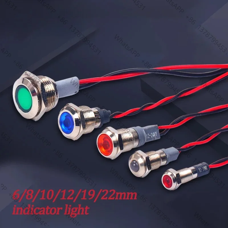 10pcs 6 8 10 12 19 22mm Waterproof LED Metal Indicator Light Signal Lamp with 15cm wire 3v 6v 12v 110v