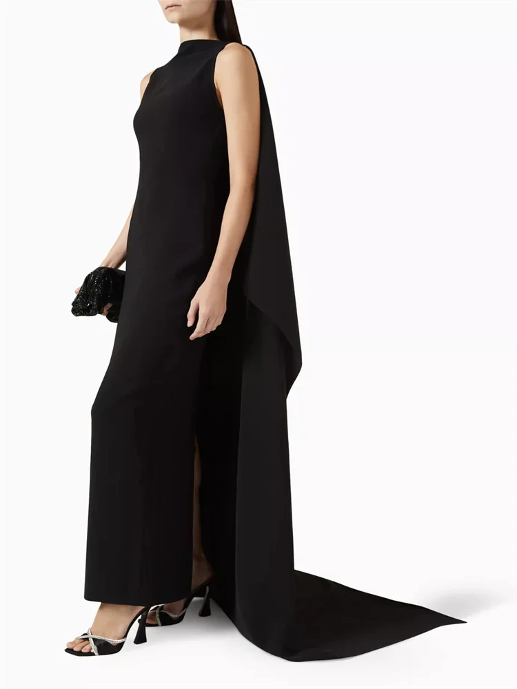 New Arrival Round Neckline Sleeveless Crepe Evening Dress Elegant Back Zipper With Cape Floor Length Sweep Train Gown For Women