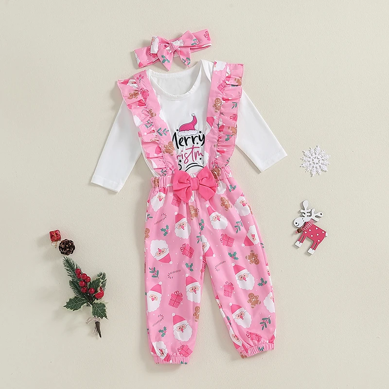 0-18M Baby Girls 3Pieces Christmas Outfit Set Letter Embroidery Long Sleeves Romper + Elk/Santa Print Overalls + Bow Headband