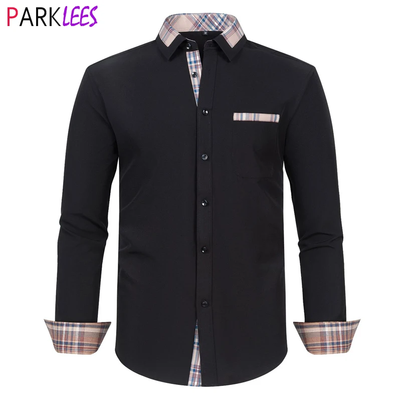

Mens Plaid Checked Patchwork Formal Dress Shirts Slim Fit Long Sleeve Button Down Shirt Men Casual Business Office Camisas 3XL
