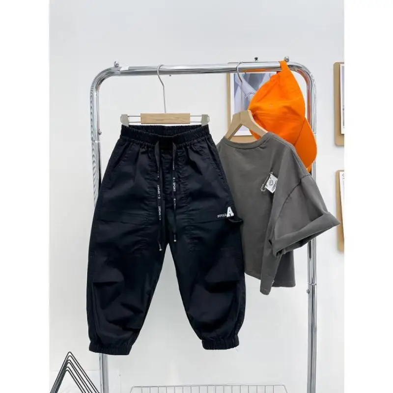 

Cargo Trousers 2024 Autumn New Boys Spliced Elastic Mid Waist Drawstring Fashion Trendy Basic Ventilate Letter Casual Pants