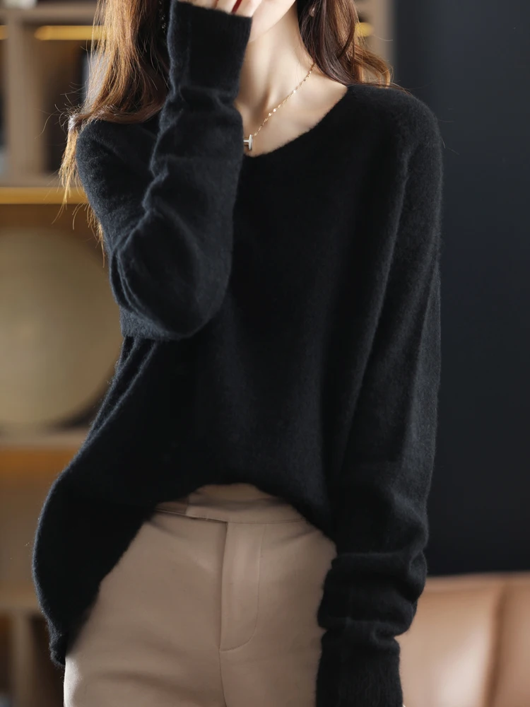 100% Pure Wool Lazy Wind Loose Large Size V-Neck Pullover Women\'s Spring And Autumn Casual All-Match Cashmere Sweater Sweater116