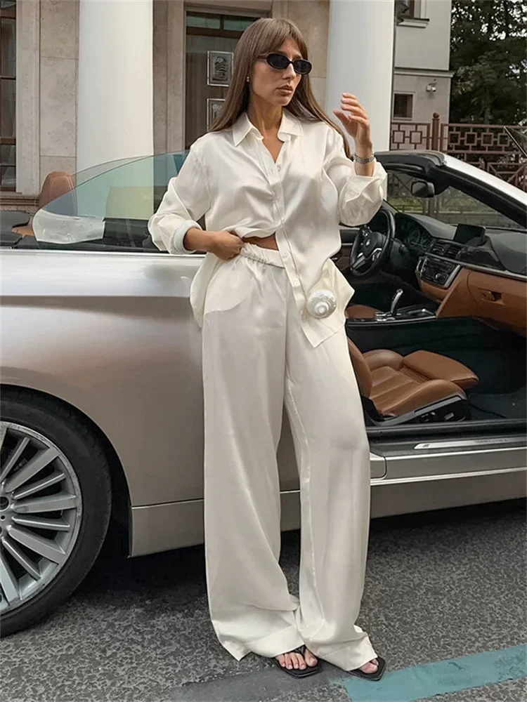 

Fashion Commute 2 Piece-Set Trousers Ladies Casual Solid Shirts And High Waist Wide Leg Clothes Outfits Women's Pants Sets