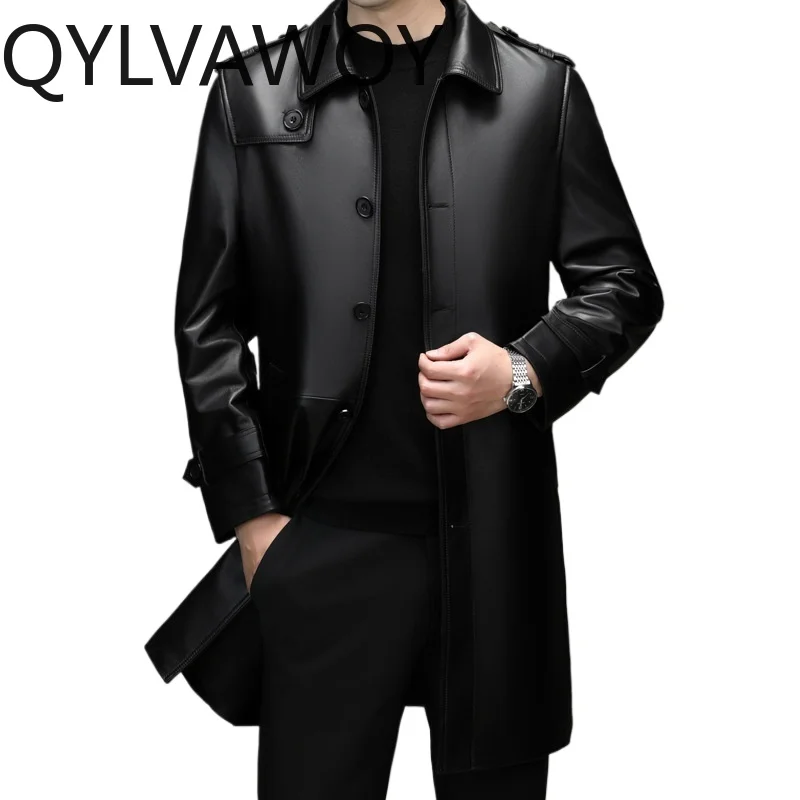 QYLVAWOY 100% Genuine Leather Jacket Men Fashion Real Sheepskin Leather Coat Man Clothes Mid-length Casual Winter Jackets 2026