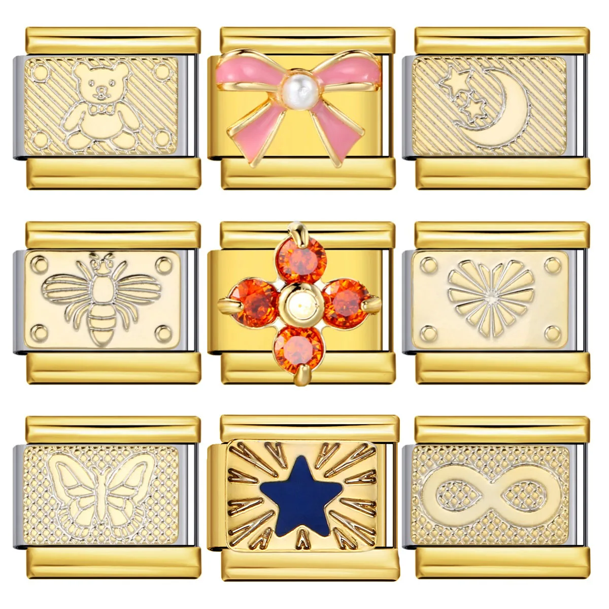 Золотой-цвет-Пчела-Луна-Сердце-Галстук-бабочка-Итальянский-Шарм-link-Подходит-9-мм-Нержавеющая-сталь-diy-Изготовление-браслета-Ювелирные-изделия-Подарки-на-День-святого-Валентина