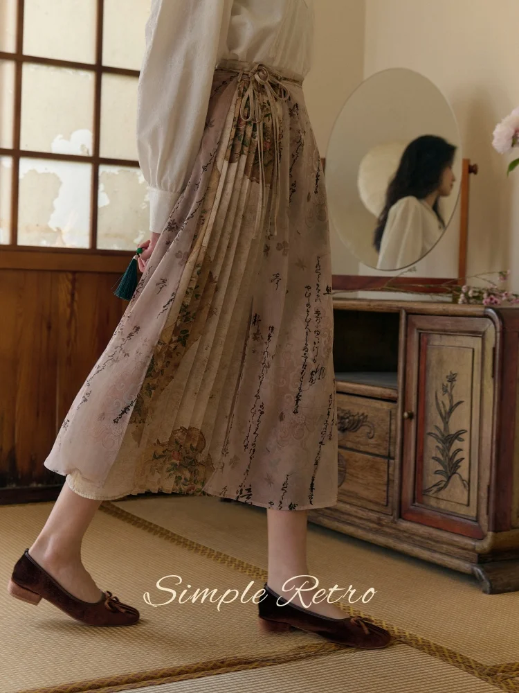 

SimpleRetro Floral Print Half Skirt Two-Piece Set Thin Gauze Light National Style Face Skirt A-Line Long Skirt