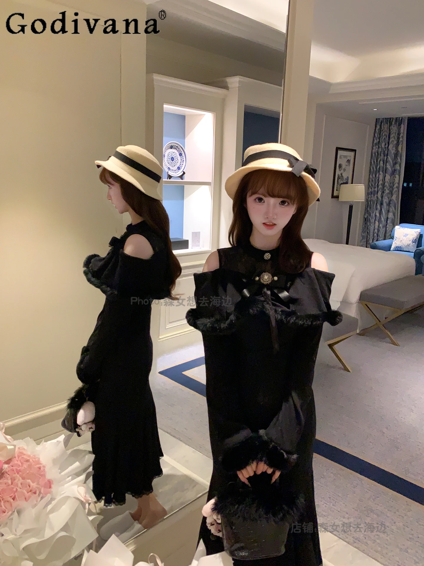 

Mori Girl Original Lolita Gentle Princess Style Black Slim Dress Japanese Sweet Girl Off-shoulder Long Sleeve Long Dress