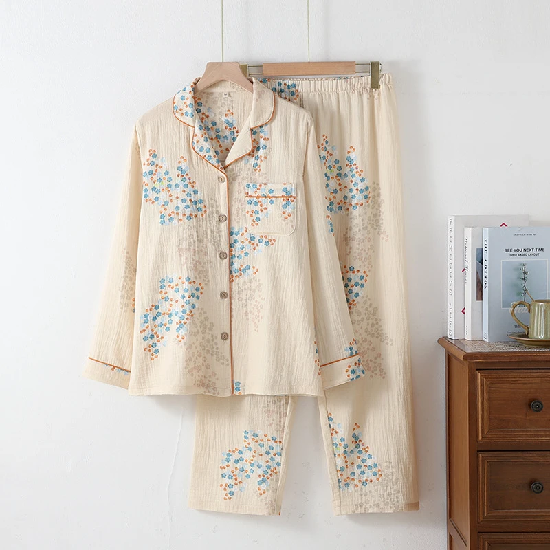 2pcs Women's Pajama Set Floral Vintage Style 100% Cotton Double Gauze Long Sleeve Cardigan Loose Fit Soft Wearable Outside Loung