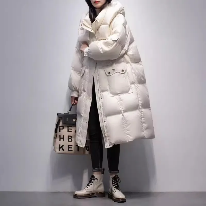 

2024 Winter New 90% White Duck Down Jacket Women's Thicken Snow Parka Korea Loose Hooded Down Coats Warm Female Long Overcoat