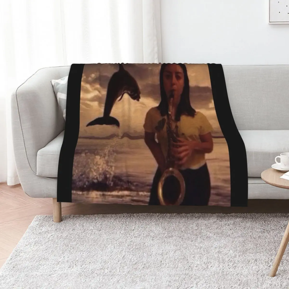 Aubrey plaza with saxophone and dolphin Throw Blanket Plush Fuzzy Cozy Blanket for Couch Sofa