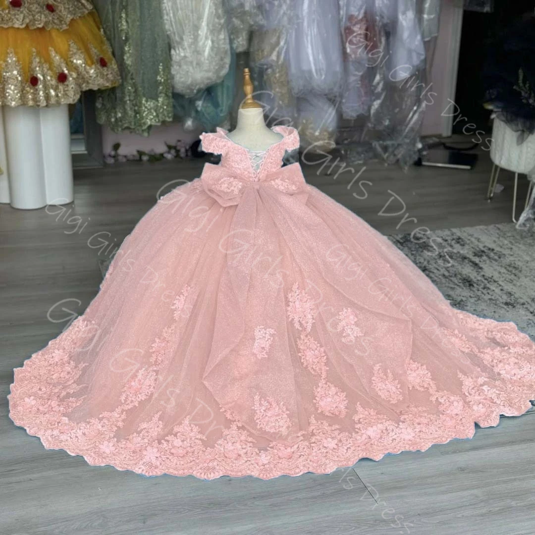 Customized Flower Girl Dress With Bow Beaded Appliques Tulle Princess Pageant Dress Kids Off Shoulder Birthday Party Ball Gown