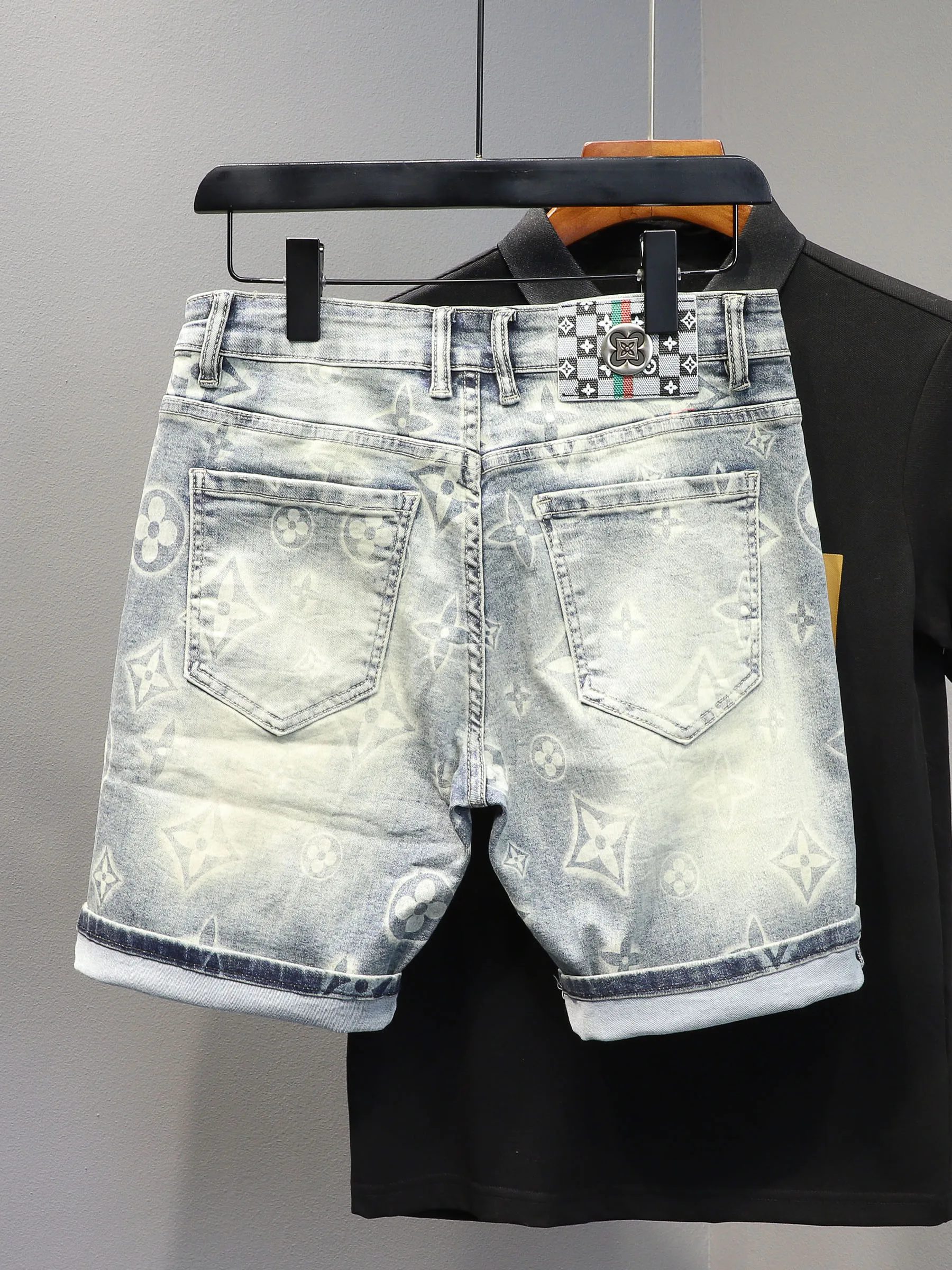 Summer men's printed denim shorts fashion brand slim fit small foot elastic high-end five quarter pants