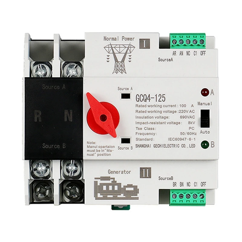 Single Phase Din Rail ATS 220V PC Dual Power Automatic Transfer Switch 2P 100A Household Power Transfer Switch 50/60Hz