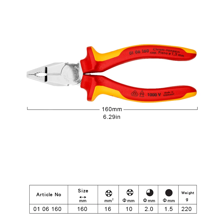 KNIPEX 0106160 VDE-tested Insulated Combination Pliers Chrome Vanadium Wear Resistant Gripper Jaws for Heavy Duty Use