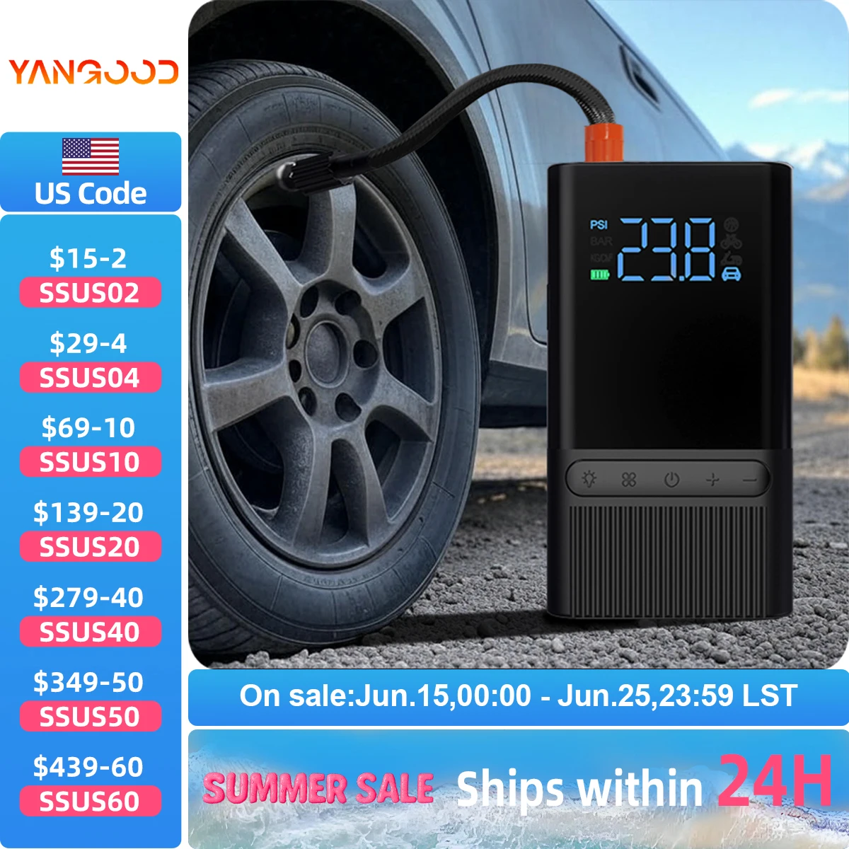 

Yangood 6000mAh Portable Air Compressor Tire Inflator Pump for Car Motorbike Bike Balloons Fast Inflation Auto Shutoff LED Light