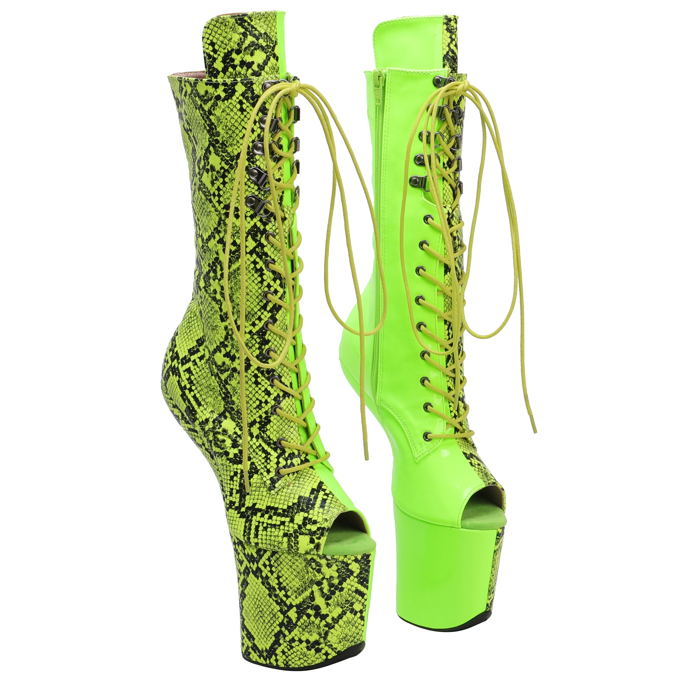 

Auman Ale New Green Snake PU Upper Platform Open Toe Boots Sexy Exotic heelless pole dance shoes 022