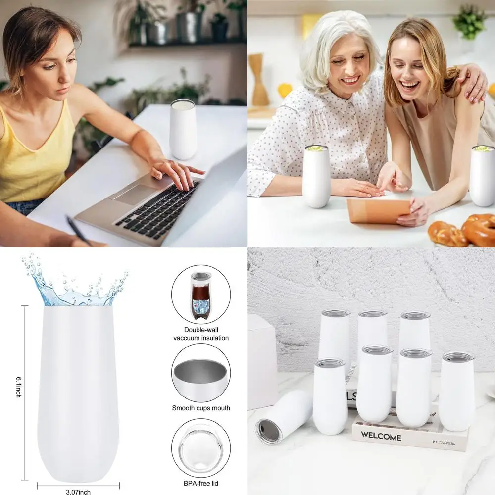 

Set of 8 Insulated 12oz Champagne Tumblers with Stainless Steel Stems, Unbreakable Cups for Parties and Special Events (White)