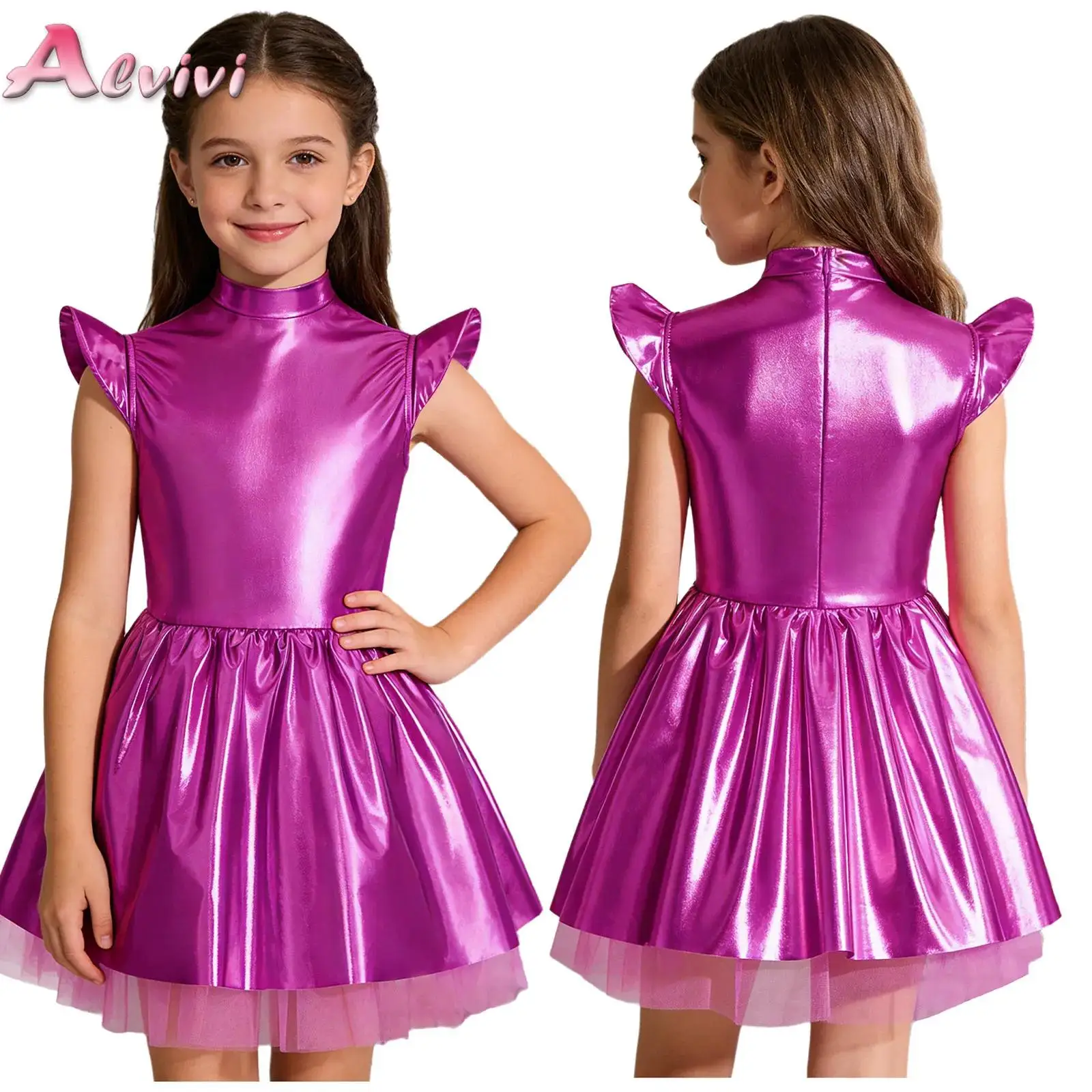Girls Metallic Shiny Zipper Alien Tutu Dress Kids Halloween Space Theme Party Robot Astronaut Galaxy Warrior Cosplay Costume