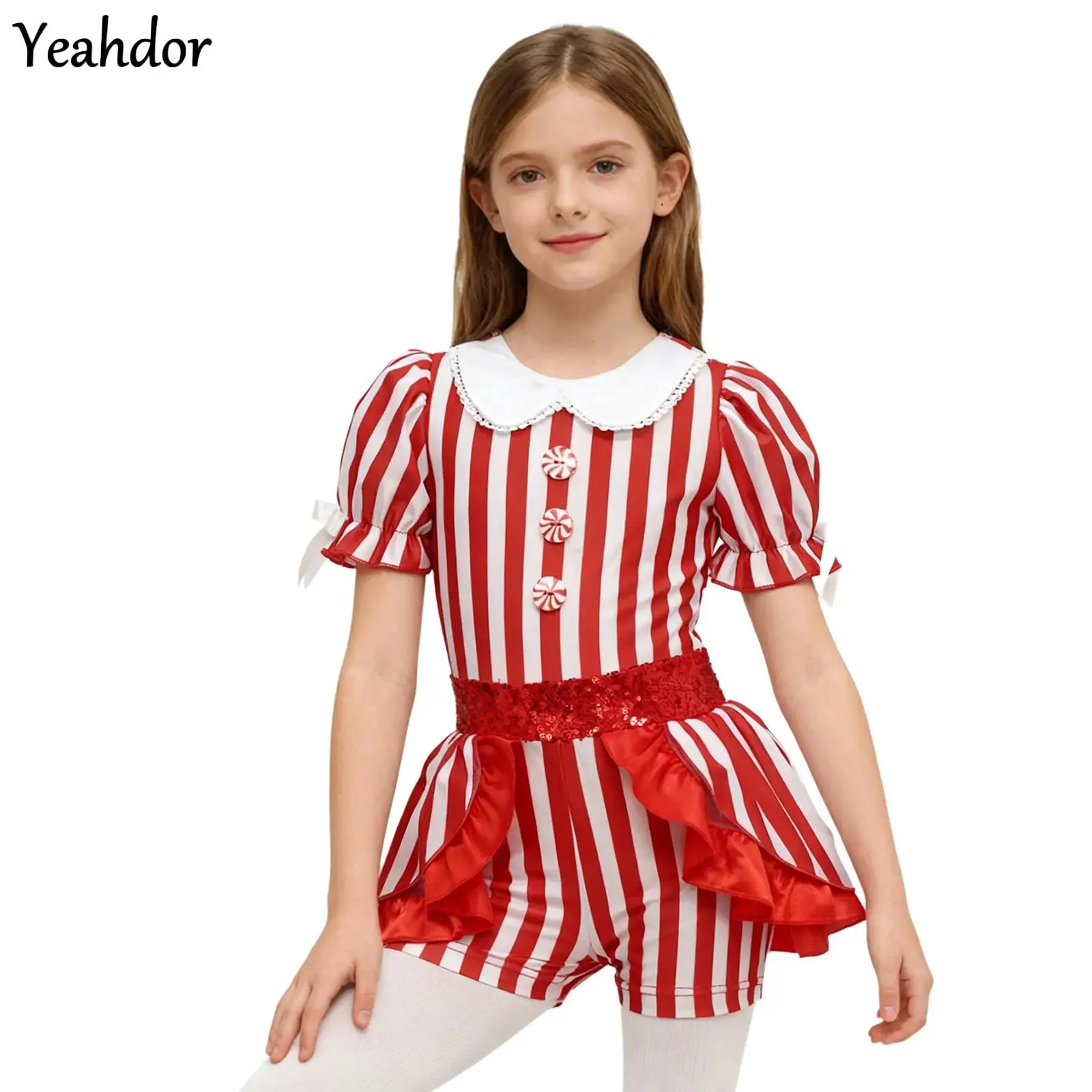 

Girls Christmas Dance Costume Santa Elf Candy Cane Striped Jumpsuit Puffy Sleeve Xmas Sequin Bowknot Ballet Shorty Unitard Dress