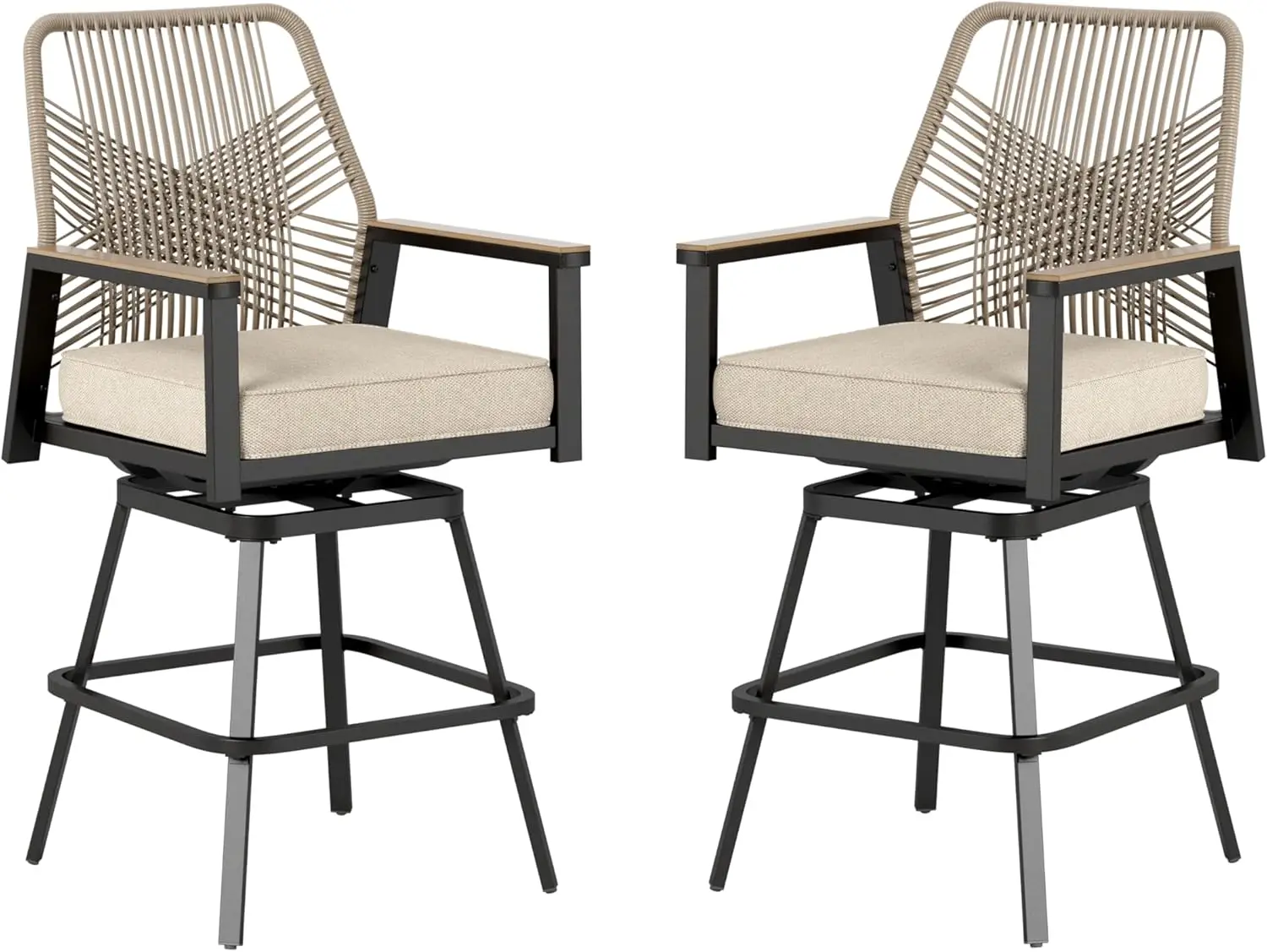 

Outdoor Swivel Bar Stools Set of 2, Rattan High Top Patio Chairs with Waterproof Cushion and Armrest