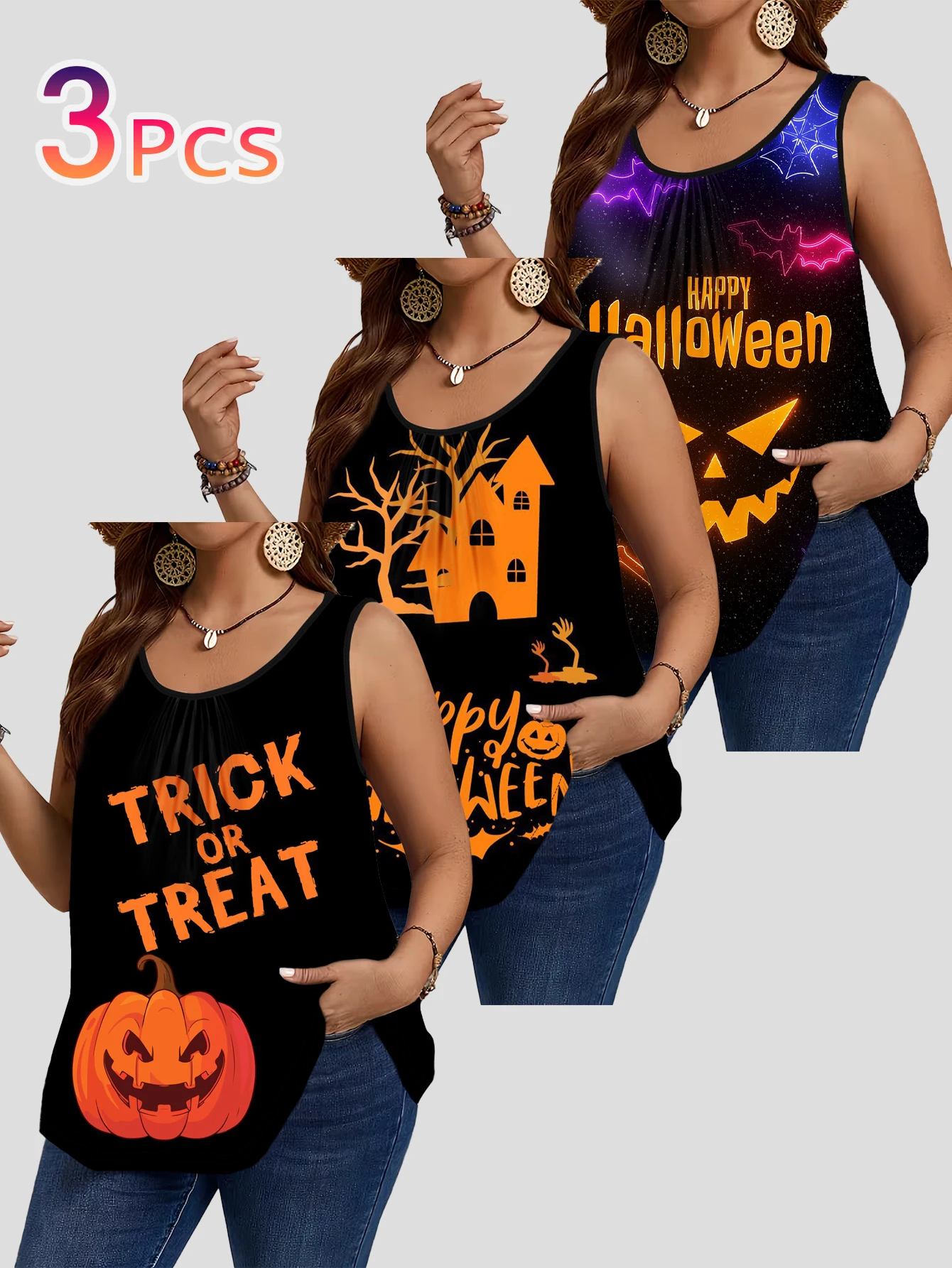 Pumpkin Lantern Halloween - プラスサイズ女性向け、黒地にハロウィーンの文字がプリントされた、ゆったりとした袖なしのタンクトップ3点セット。ラウンドネック。