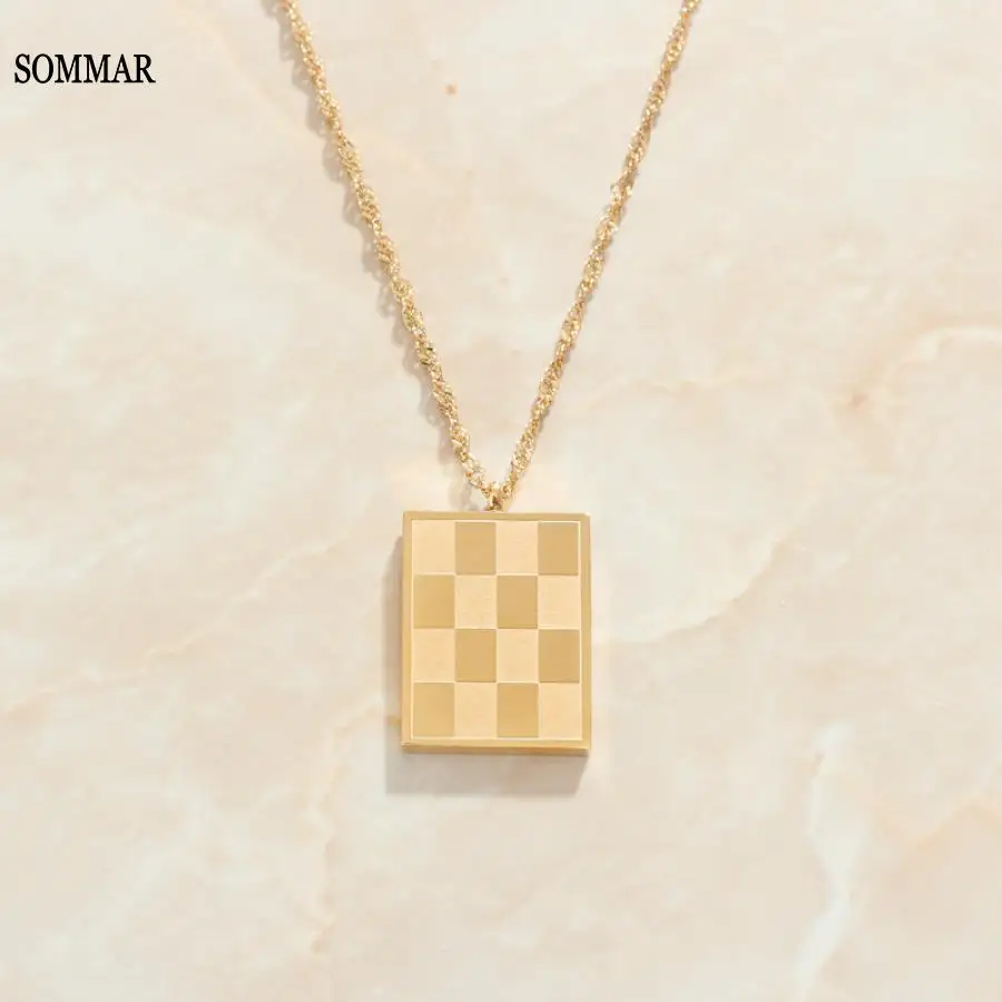 SOMMAR summer style Gold color necklaces & pendants Retro checkerboard lattice maxi necklace christmas gift