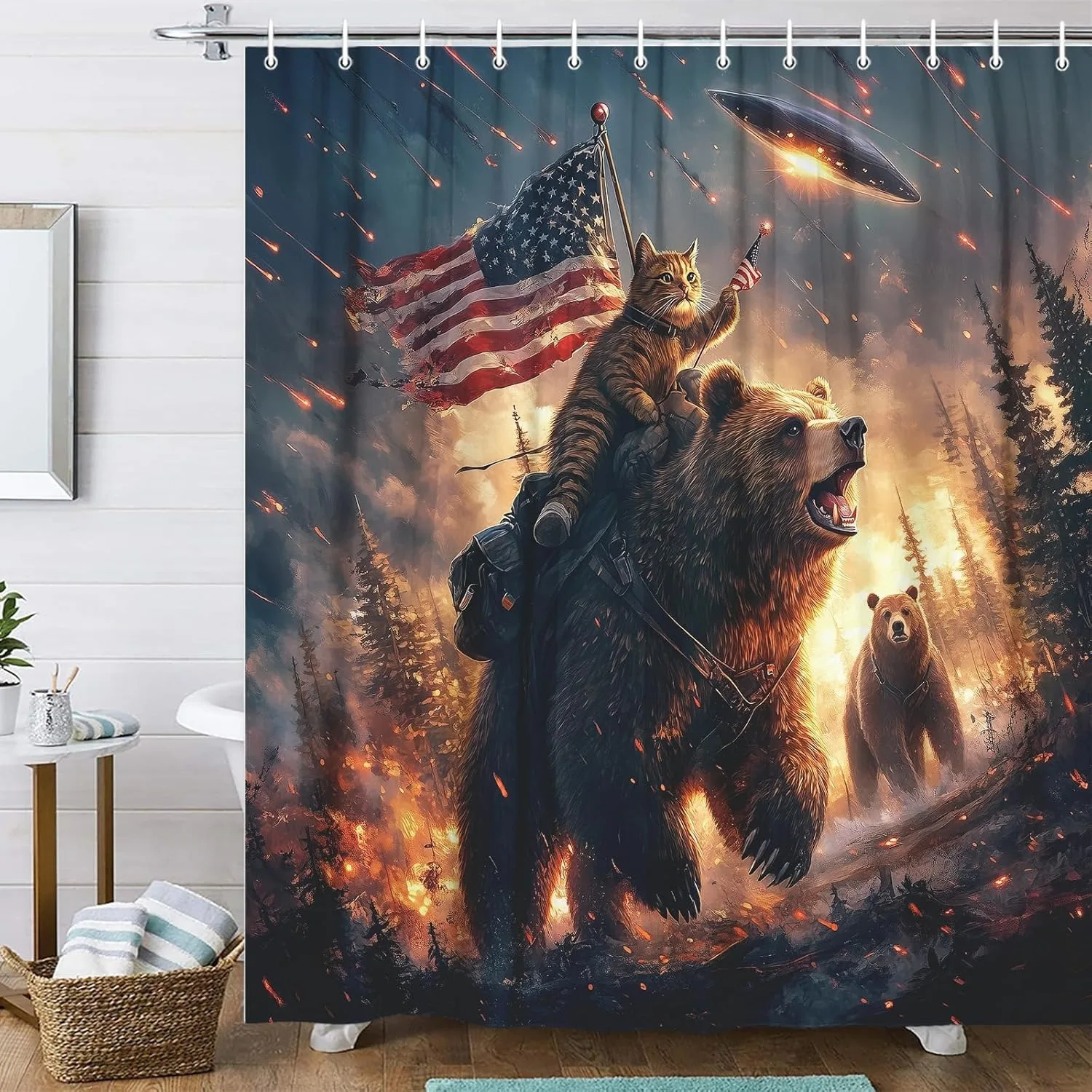 

cat rides the bear in the forest Shower Curtain Washable Dirt-Resistant Shower Head waterproof Polyester Bath Curtain