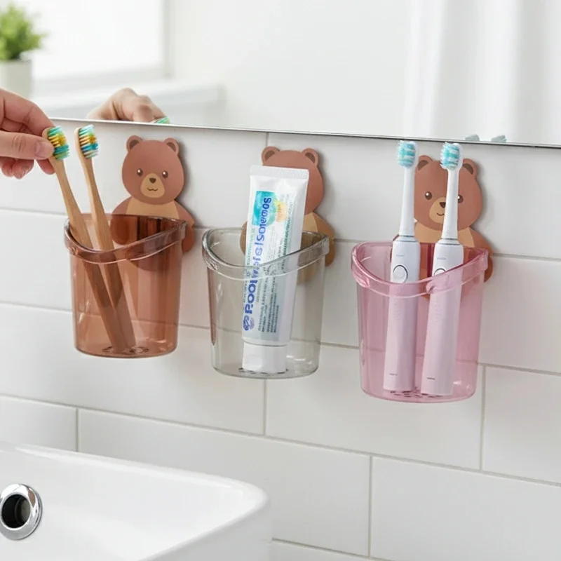 2pcs Home Bathroom Accessories Toothbrush Holder Toothpaste Storage Rack Wall Mount Toothbrush Cup Rack Toothbrush Stand Child