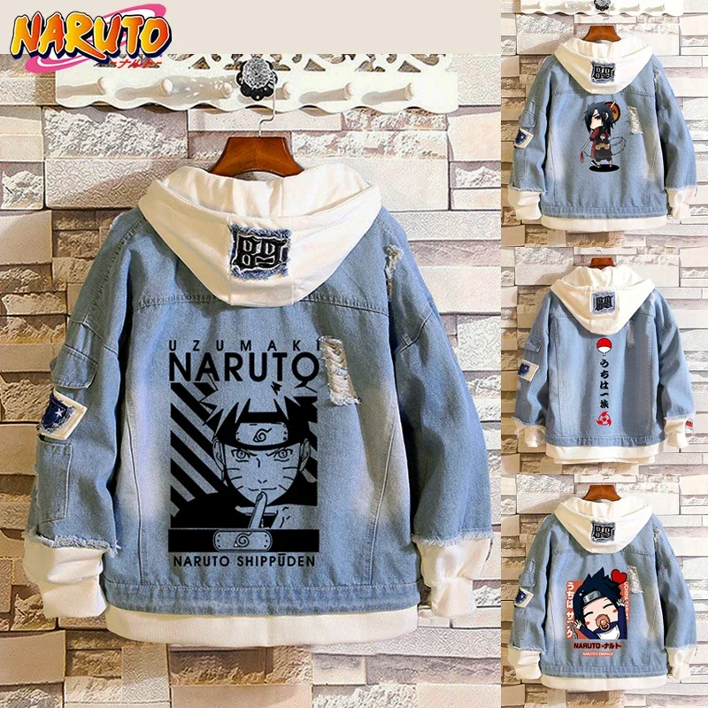 Naruto Anime Denim Jacket for Man Women Hooded Coat Streetwear Unisex Fashion Sasuke Akatsuki Itachi Kakashi Children's Gifts