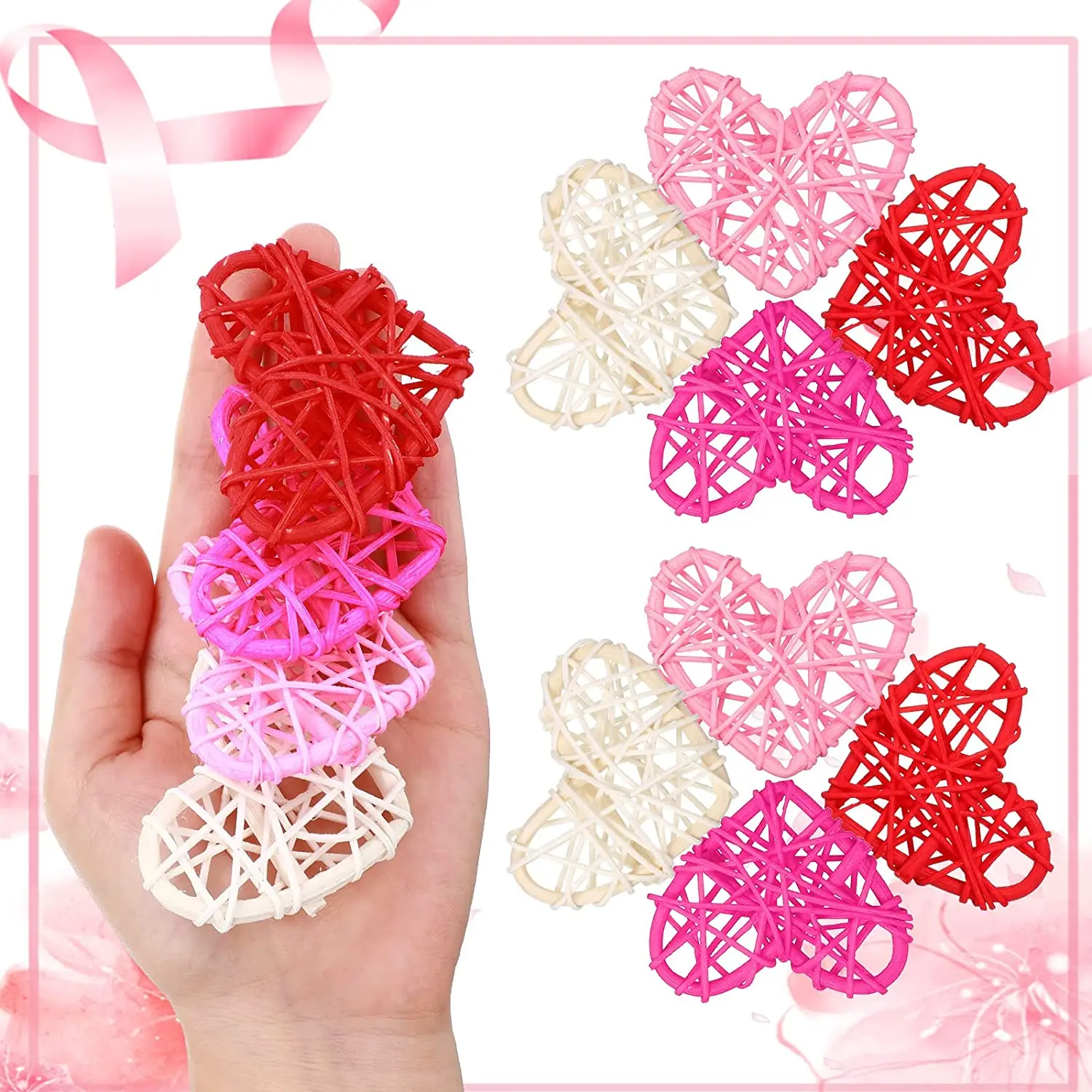 20pcs 2.36 Inch Mixed Colors Heart Shaped Vase Natural Wicker Rattan Decor Decorative Balls Craft Valentines For Party Supplies