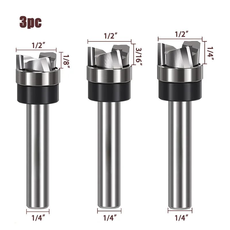 3 Flute Flat Spiral Trimming Milling Bit Tungsten Steel Cutter Bottom Bearing Groove Cleaning Wood Router Accessories