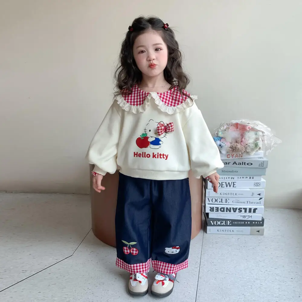 

Sanrio HelloKitty Girls' Plush Suit Autumn and Winter Sweatshirt Two-Piece Set of Western-Style Children's Winter Straight Pants