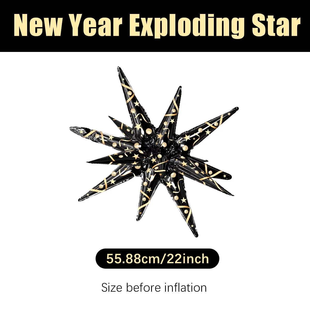 2/4 قطع من بالونات النجوم المتفجرة باللونين الأسود والذهبي، بالونات مخروطية متفجرة، نمط شريط ترتر ذهبي، ديكور السنة الجديدة "2026" #2
