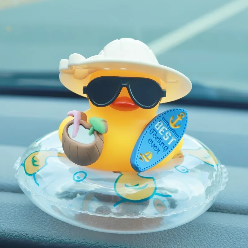 Decoração de Carro com Pato de Borracha para o Verão, Pato com Boia e Óculos de Sol, Ornamento Temático de Praia para o Interior do Carro