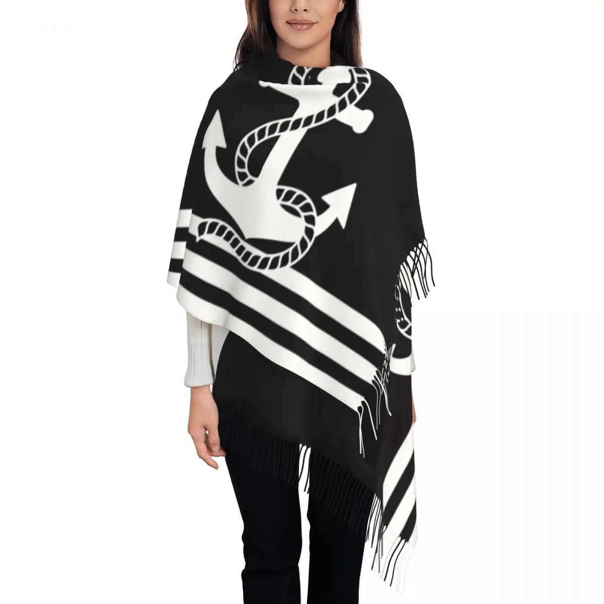 Black White Nautical Stripes And Anchor Scarf Wrap Women Long Winter Fall Warm Tassel Shawl Unisex Sailing Sailor Scarves