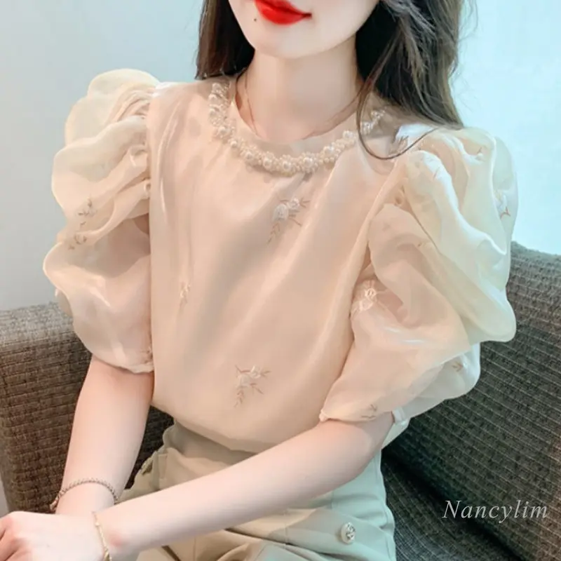French Fashion Embroidery Short Sleeve Shirt Top Women\'s Summer Blouse 2023 New Design Sense Chic Pullover Shirts Blusas Mujer