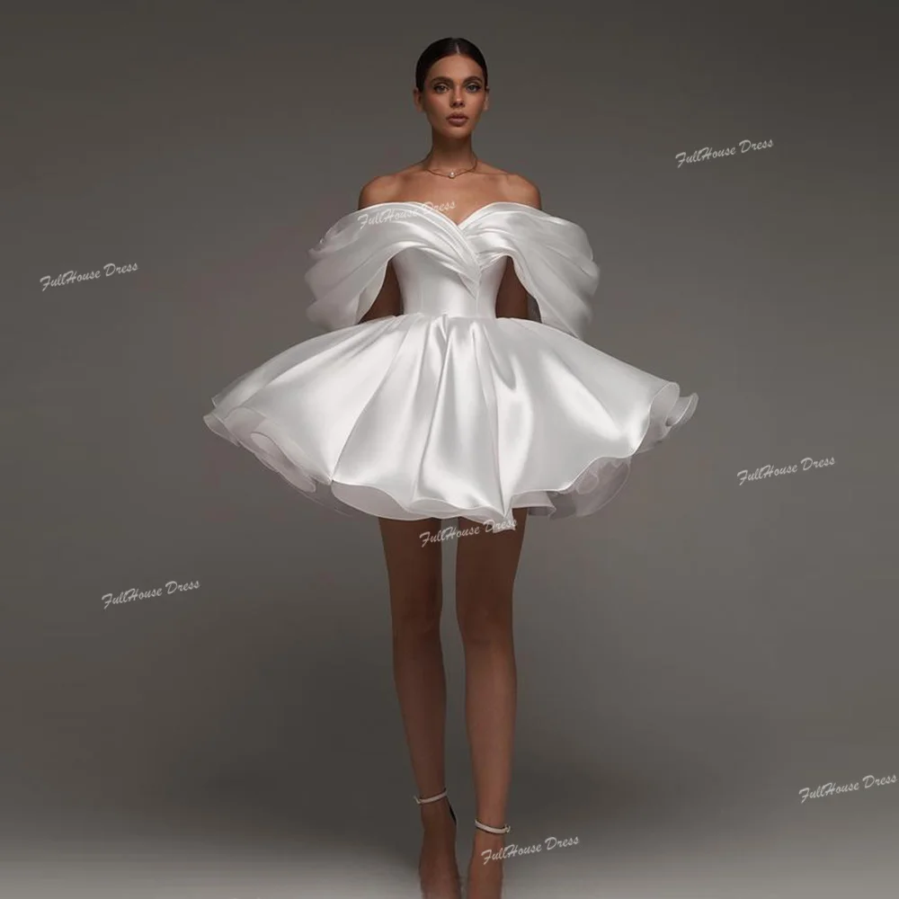 

Customized Puffy Off Shoulder Pleated Short Mini Evening Wedding Dress Short Mini Lace up Back Modest Prom Dress robe de soiree