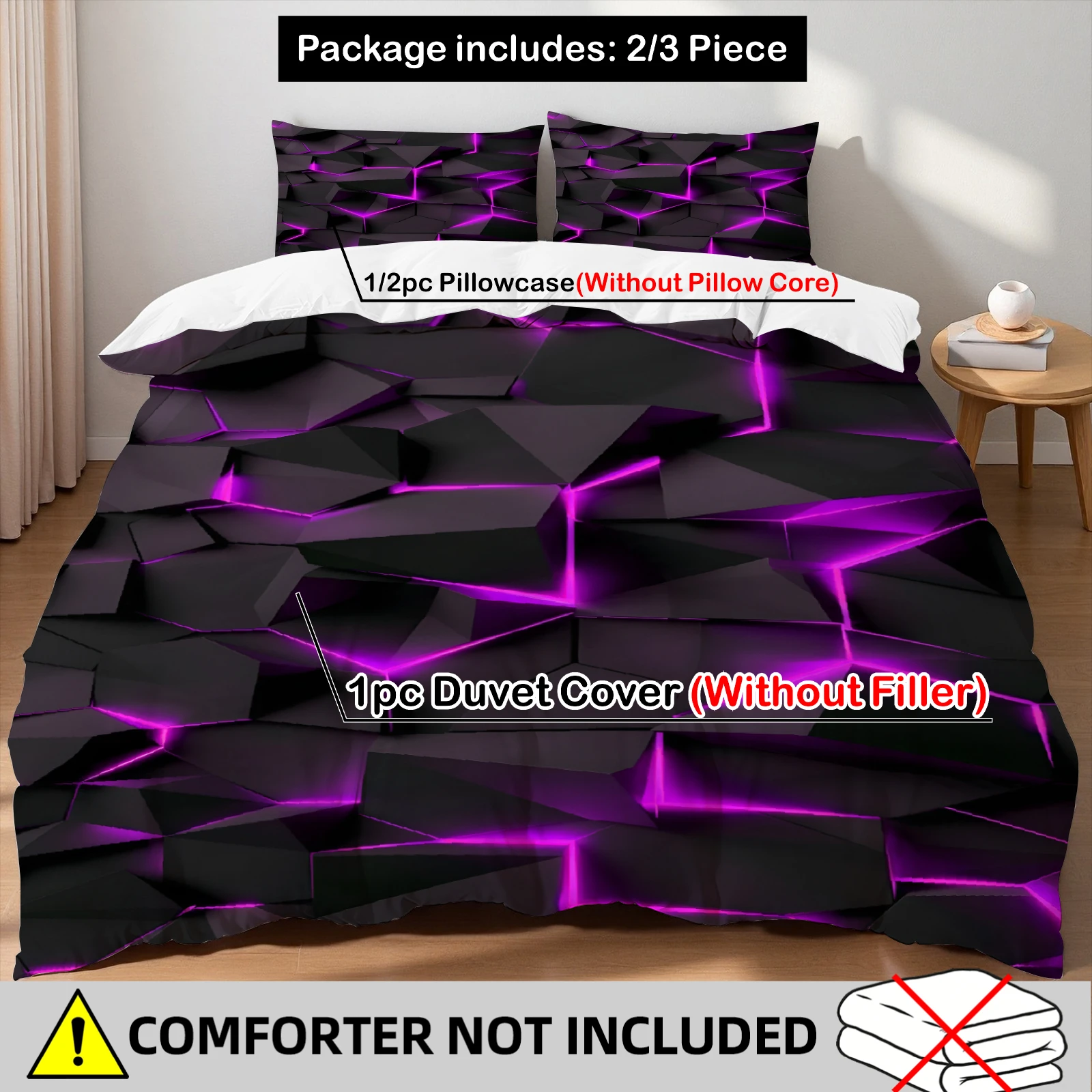 3PCS Duvet Cover Set Purple Visual Geometry Digital Printed Duvet Cover With 2 Pillowcases Single Twin Queen Size Bedding Set