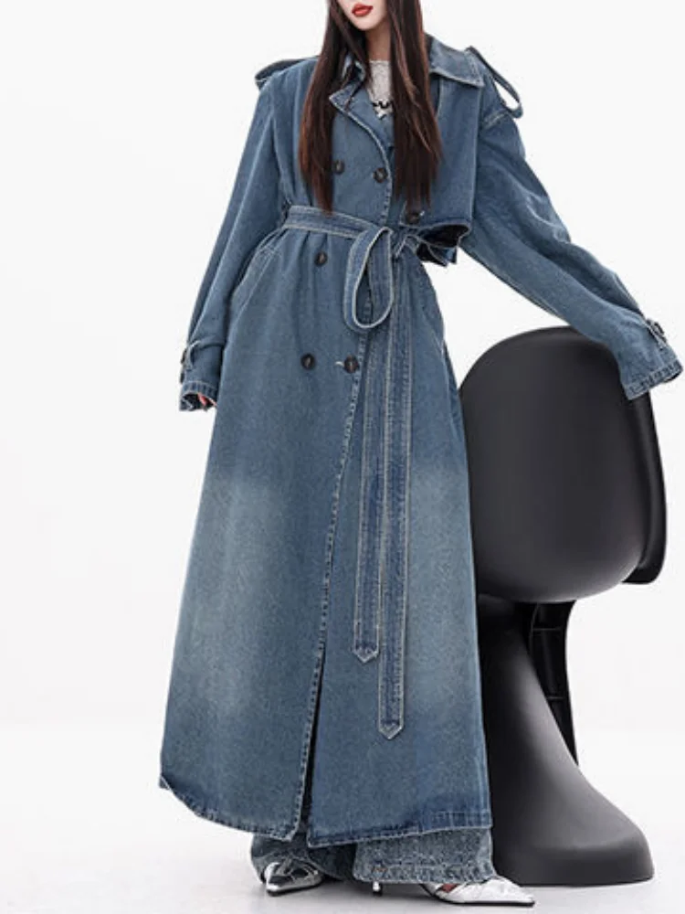 2026 New Spring Women Vintage Blue Denim Trench Coat Oversized Washed Distressed Midi Belted Waist Outerwear Versatile Jacket