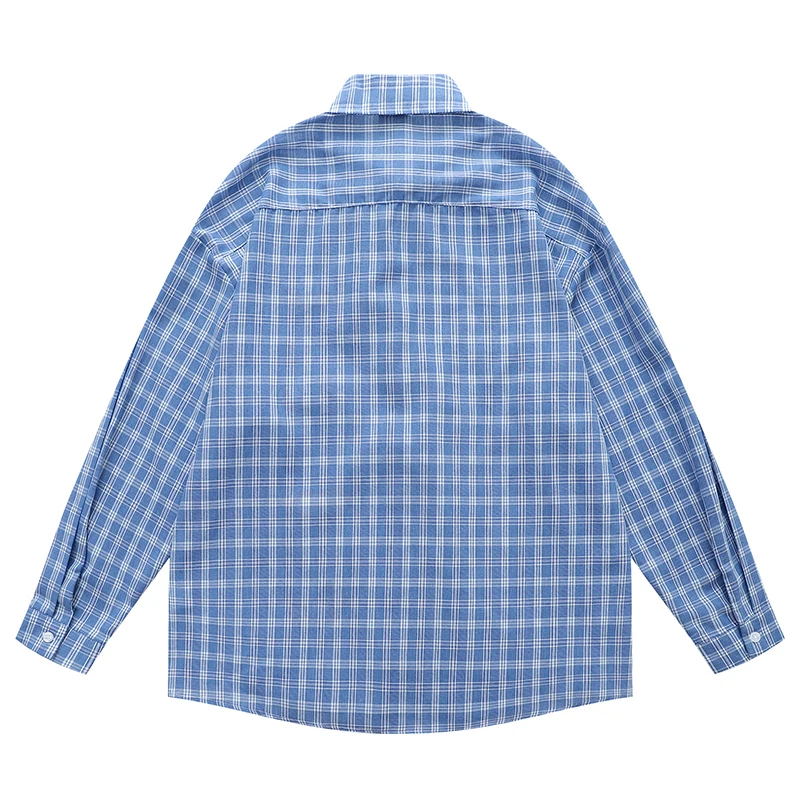 Autumn Mens Plaid Shirt Long Sleeve Cartoon Dog Embroidery Oversized Casual Button Up Checkered Blouse Kawaii Streetwear Tops