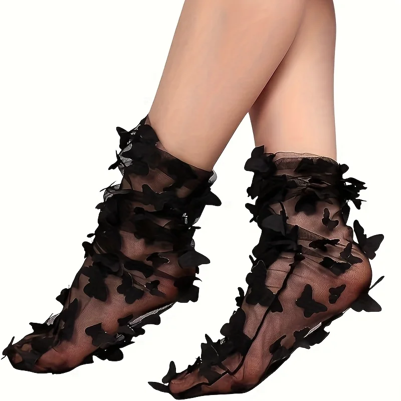 3pair Women Sheer Tulle Socks Transparent Lace Butterfly Applique Lightweight Openwork Design Elegant Ruffles Ball Party Costume