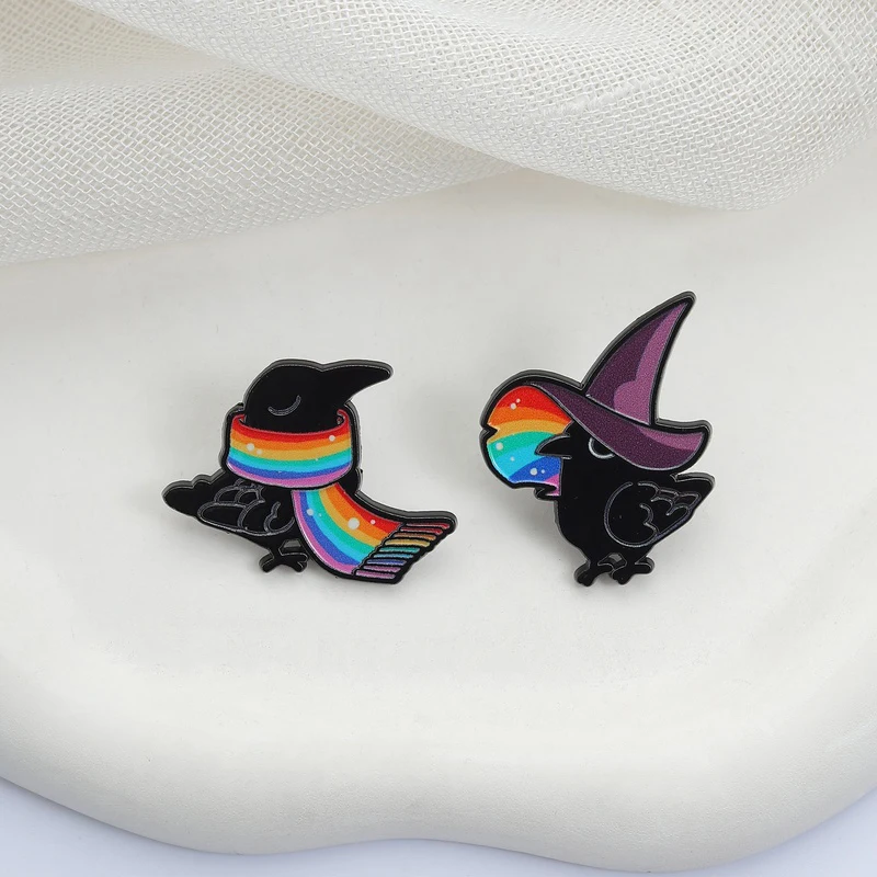 Magical Raven Enamel Pins  Rainbow Witch Hat & Scarf Metal Brooches Fashion Lapel Badge Backpack Clothes Jewelry Gift for Friend