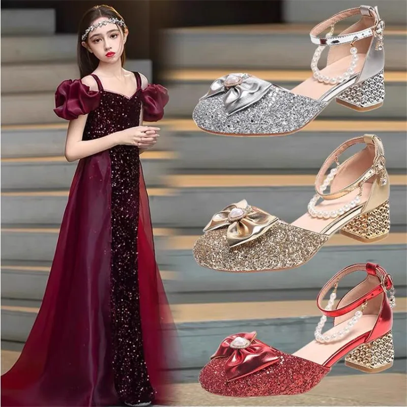 

Girls Sandals Summer Fashion Children's High Heels Crystal Princess Shoes