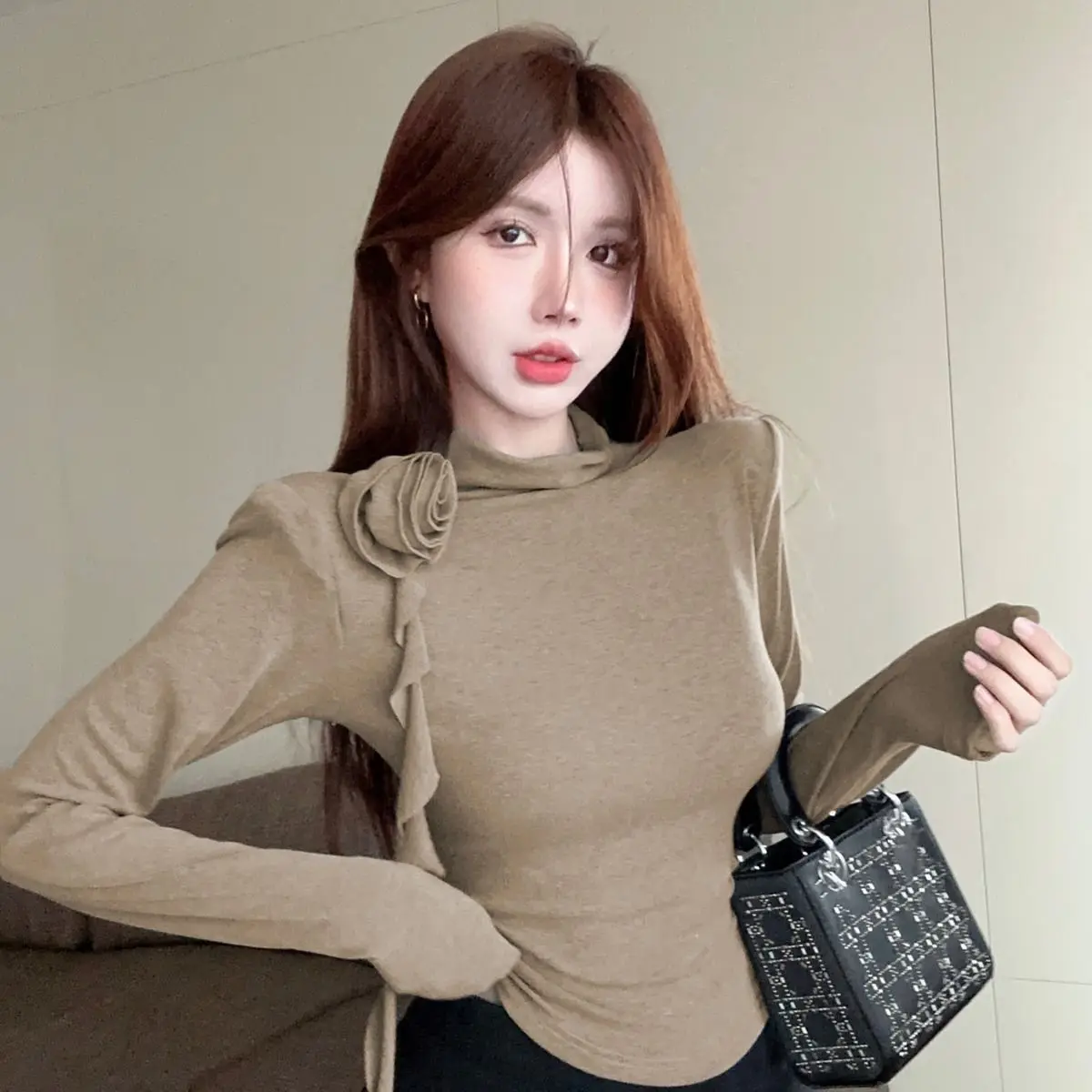 New Three-dimensional Flower Long Sleeve T-Shirt 2025 Women Autumn Winter Turtleneck Base Shirt Blouse Korean Style Bottom Shirt