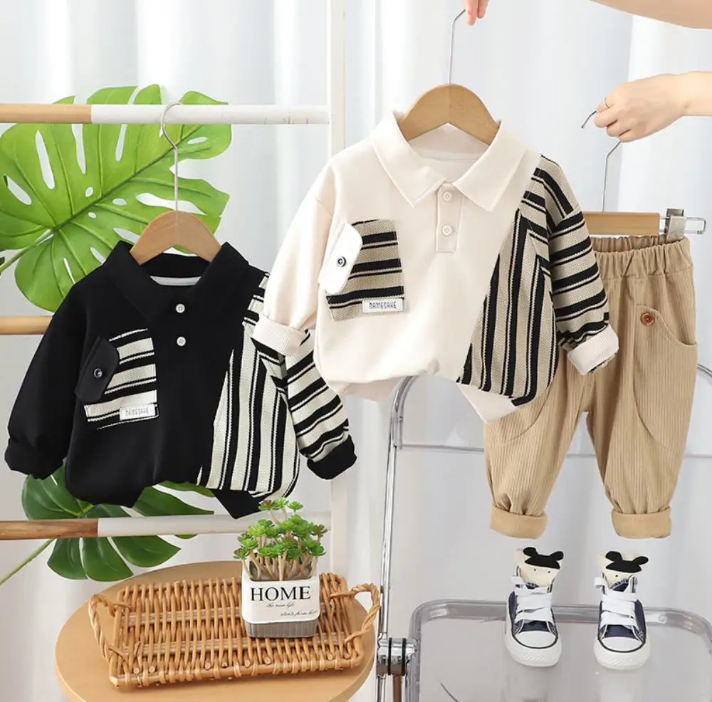 Ropa para niños pequeños, conjuntos para bebés de primavera y otoño, camisetas y pantalones con cuello vuelto y rayas verticales de retales, trajes para niños de 2 uds.