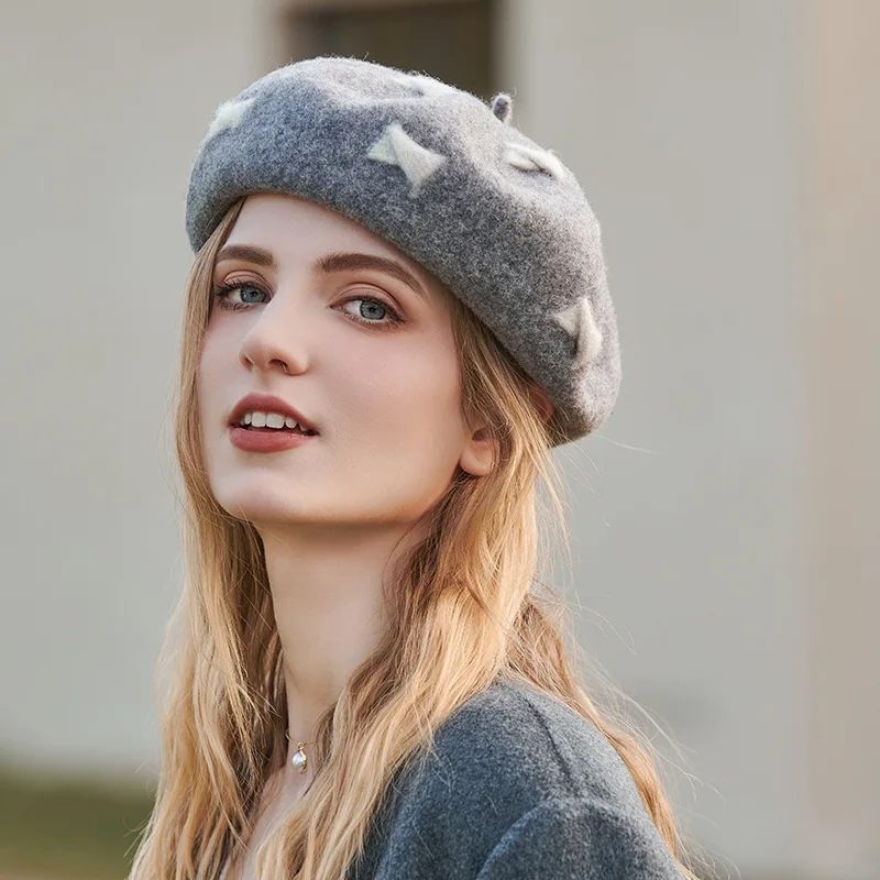 High Quality Contrast Wool Pumpkin Beret Women Fashion Autumn Winter Warm Thick Check Versatile Painter Hat Ladies Cashmere Cap