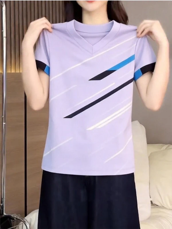 Summer 2026 New Purple V-neck Short Sleeve Women's T-shirt Striped Splicing Slimming Versatile Slim Fit Large Size Quick Dry